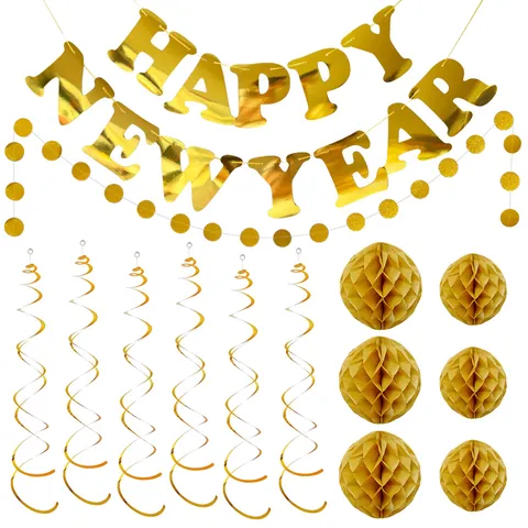 New Year Party Decoration Set Honeycomb Balls Spiral Hanging Swirls Banner Paper Fan Flowers Celebration Supplies