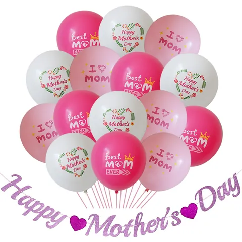 Happy Mother's Day Decoration Kit Glitter Banner Latex Balloons Heart Flower Pattern For Mom Party Decor Pink White Purple