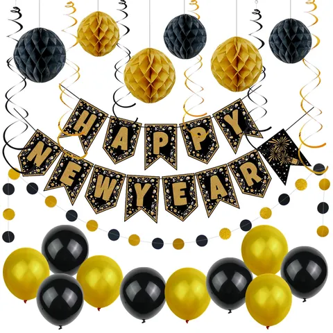 Decorazione per Feste di Capodanno Palline a Nido d'Ape in Carta Spirali Appese Banner a Lettere per Celebrazione 2025