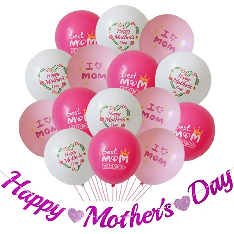 Happy Mother's Day Decoration Kit Glitter Banner Latex Balloons Heart Flower Pattern For Mom Party Decor Pink White Purple