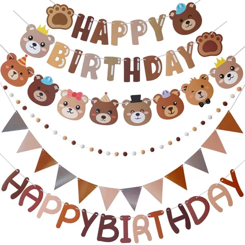 Vintage Brown Bear Happy Birthday Paper Banner Cartoon Bear Head Garland For Baby First Birthday Party Room Wall Decoration