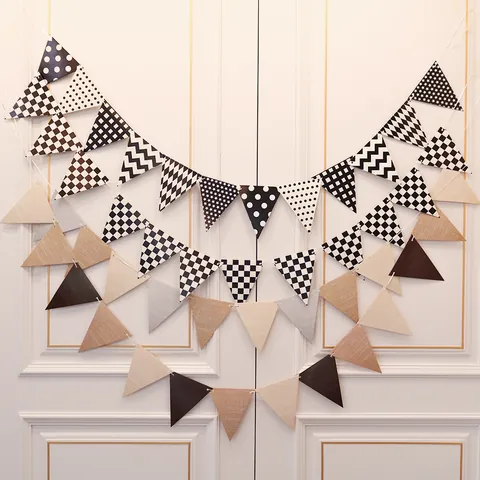 Linen Look Paper Triangle Pennant Banners Gradient Color Checkered Garland For Wedding Birthday Party Decorations