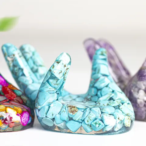 Hand Shaped Resin Natural Crushed Stone Crystal Ball Base Ornament Mudra Palm Jewelry Display Holder For Home Office Decor