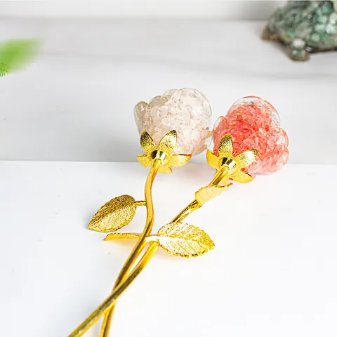 Handgefertigte Künstliche Kristall Rosenblüte Ornament Mit Goldenem Metallstiel Crushed Stone Harz Rose Für Valentinstag Geschenk