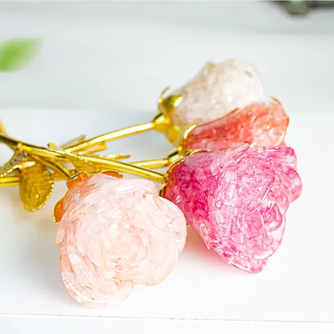 Handgefertigte Künstliche Kristall Rosenblüte Ornament Mit Goldenem Metallstiel Crushed Stone Harz Rose Für Valentinstag Geschenk