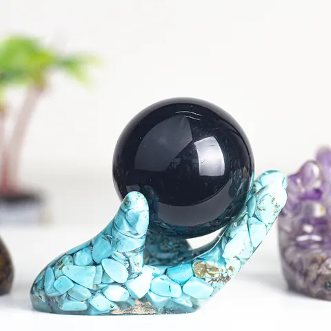 Hand Shaped Resin Natural Crushed Stone Crystal Ball Base Ornament Mudra Palm Jewelry Display Holder For Home Office Decor