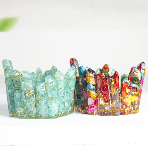Porte-bougie Couronne de Cristal Résine Éclats de Pierre Naturelle Feuille d'Or Bol de Rangement Bijoux Ornement de Bureau