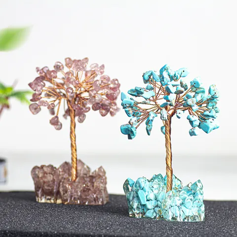 Arbre à Argent en Cristal Fait à la Main Éclats de Pierres Précieuses Naturelles Cristaux de Guérison Base en Amas d'Améthyste Décor Feng Shui