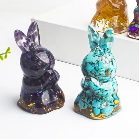 Crystal Resin Rabbit Figurine Handmade Natural Stone Bunny Statue With Gold Foil Modern Animal Desktop Decor Home Office Ornament