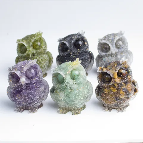 Natural Crystal Stone Resin Owl Figurine With Gold Foil Inlay Mini Animal Statue Desk Ornament Home Office Decor Healing Stone Gift