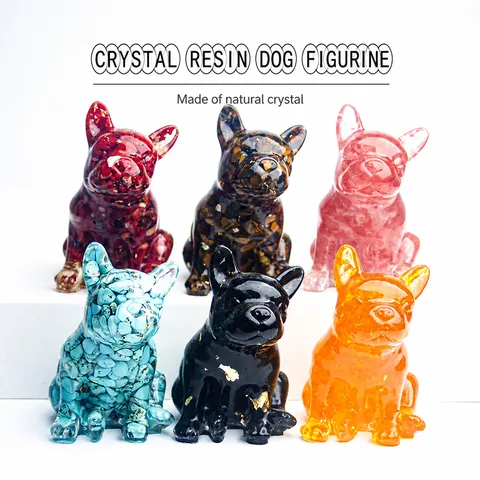Ornement en Résine Bouledogue Français Gravier de Cristal Naturel Feuille d'Or Statue Chien Frenchie Décor de Bureau de Voiture Maison Cadeau