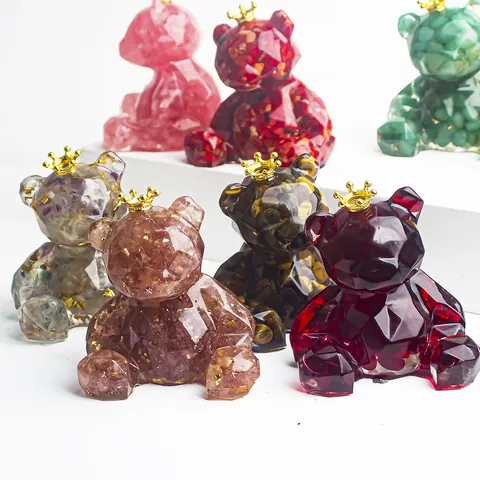 Geometric Faceted Crystal Resin Bear Figurine With Gold Crown Decoration For Car Interior Home Living Room Office Desk Ornament Gift