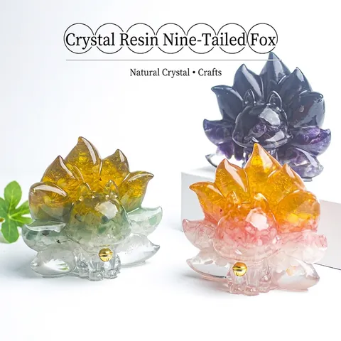 Handmade Natural Crystal Stone Resin Nine-Tailed Fox Figurine With Gold Bell Mythological Healing Desktop Ornament Home Decor