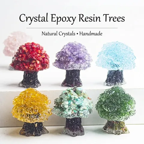Éclats de Cristal Naturel Arbre à Argent en Résine Époxy Ornement de Bureau Figurine d'Arbre en Pierre pour Décoration de Table Maison Bureau