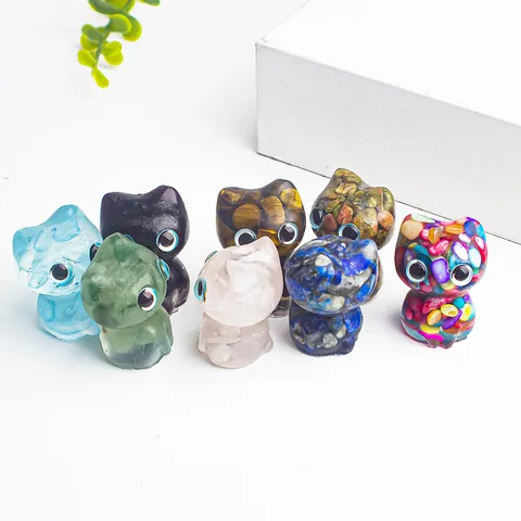 Creative Natural Crystal Stone Resin Cat Figurine Cute Cartoon Big Eyes Seated Cat Desktop Ornament Handmade Mini Animal Statue Home Decor Gift