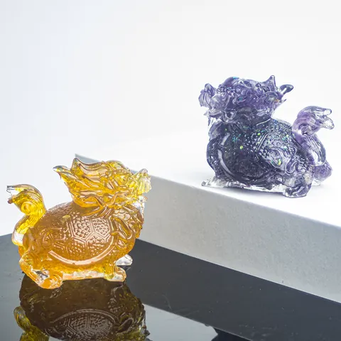 Natural Crystal Gravel Dragon Turtle Pixiu Statue Resin Healing Stone Feng Shui Ornament For Home Office Decor Gift