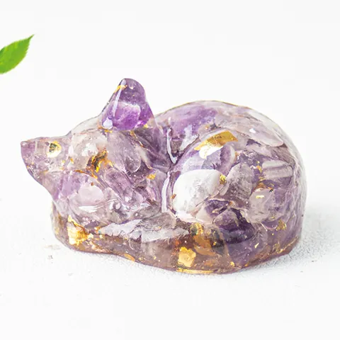 Natural Crystal Stone Chips Resin Sleeping Cat Figurine With Gold Foil Desktop Decorative Animal Statue Ornament Home Office Gift