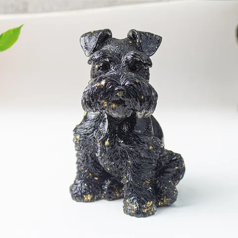 Resin Schnauzer Dog Figurine With Gold Foil Crystal Stone Desktop Ornament Puppy Sculpture Home Office Decor Gift
