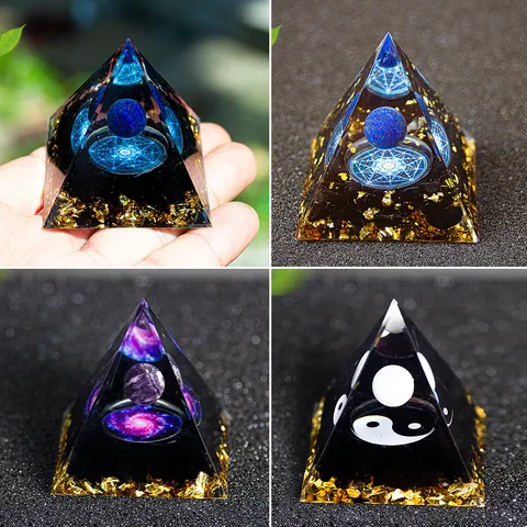 Orgonit Pyramide Energiegenerator Heilkristall Harz Ornament Mit Goldfolie Blume Des Lebens Amethyst Lapis Lazuli Haus Dekoration