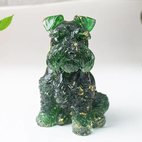 Resin Schnauzer Dog Figurine With Gold Foil Crystal Stone Desktop Ornament Puppy Sculpture Home Office Decor Gift