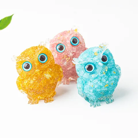 Natural Crystal Crushed Stone Owl Figurine Resin Animal Ornament With Gold Foil For Home Office Desktop Decor Gift