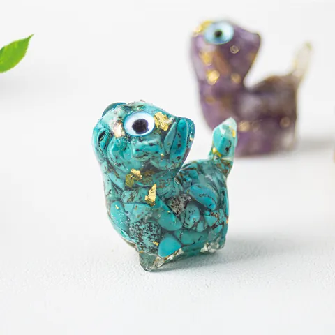 Figurine De Chat En Résine Fait Main Avec Gravier Naturel Feuille D'or Mauvais Œil Statue Animale Pour Décoration Bureau