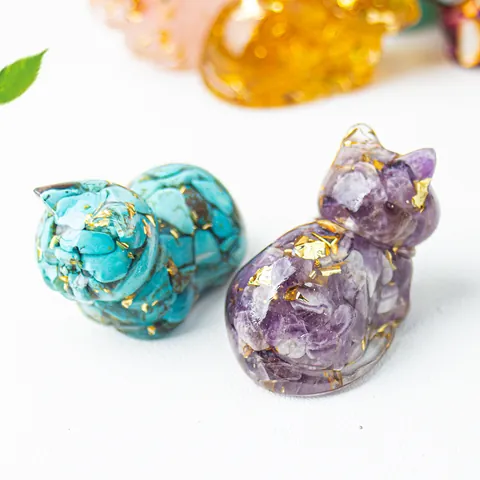 Cute Cat Figurine Resin Ornament With Natural Crystal Gravel Gold Foil Decorative Desktop Figurine For Home Office Living Room