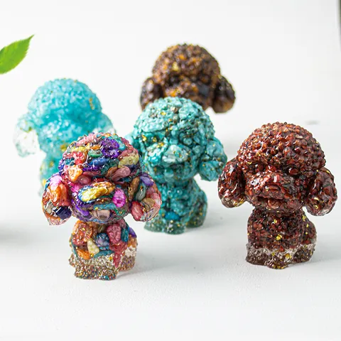 Crystal Gravel Epoxy Resin Teddy Dog Figurine Orgonite Poodle Dog Statue With Gold Foil Home Office Desktop Decor Gift