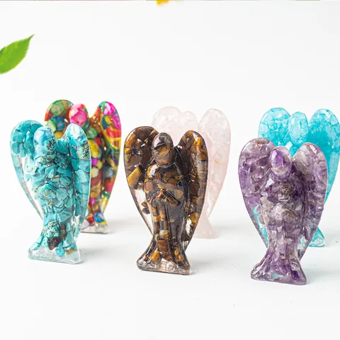 Natural Crystal Shards Inlaid Resin Angel Figurine Guardian Angel Healing Stones For Home Office Decor Spiritual Gift