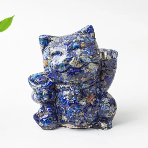 Resin Lucky Cat Ornament With Natural Crystal Stones And Gold Foil Feng Shui Maneki Neko Desktop Decoration For Home Office Good Luck Gift