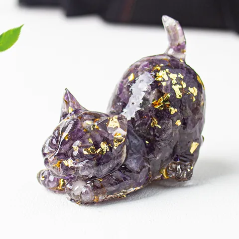 Crystal Crushed Stone Resin Cat Statue Figurine With Gold Foil Mini Animal Sculpture Desktop Decor Home Office Decoration Ornament