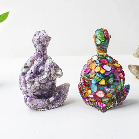 Statue de Tortue Zen de Méditation de Yoga Figurine Résine Gravier de Cristal Naturel Incrustation Ornement de Bureau Décor Maison Bureau Cadeau