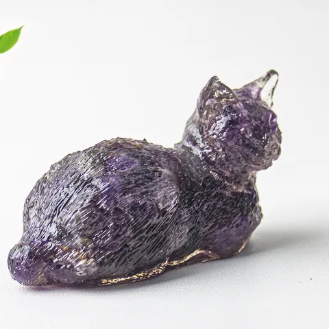 Natural Crystal Crushed Stone Resin Cat Figurine Mini Animal Statue For Desktop Home Office Decor Healing Gemstone Cat Ornament