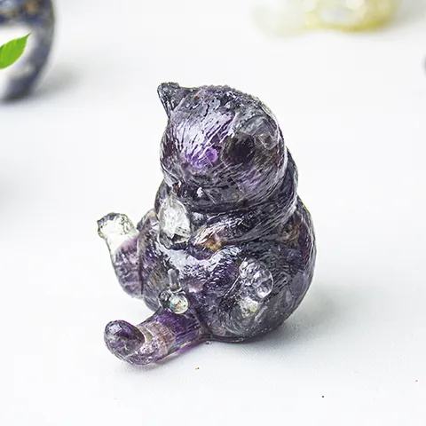 Ornamento Gatto in Resina con Ghiaia di Cristallo Naturale Statuetta Gatto Mini per Decorazione Tavolo Casa Ufficio