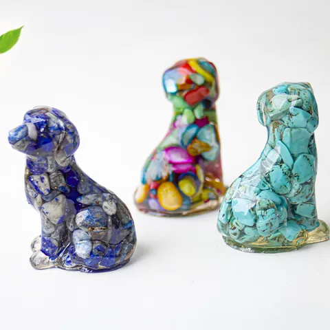 Resin Natural Crystal Chip Dog Figurine Mini Gemstone Puppy Statue Sitting Dog Sculpture Desk Ornament Home Office Decor