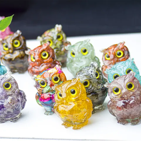 Owl Figurine Natural Crystal Resin Inlaid Statues Modern Feng Shui Desktop Decoration Animal Ornament Office Home Decor Gift
