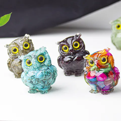Owl Figurine Natural Crystal Resin Inlaid Statues Modern Feng Shui Desktop Decoration Animal Ornament Office Home Decor Gift