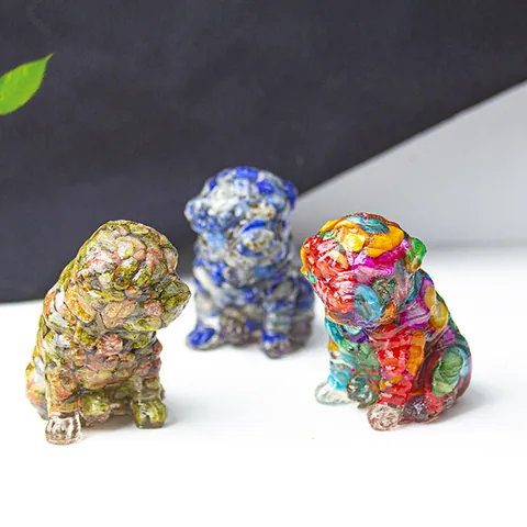 Handmade Resin Pug Dog Figurine With Natural Crystal Stone Fragments Cute Wrinkle Texture Art Animal Statue For Home Office Desk Decor