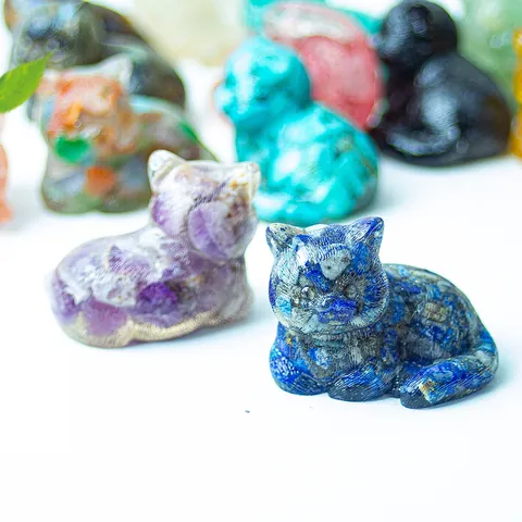 Mini Cat Figurine Ornament Natural Crystal Resin Hand Carved Animal Sculpture For Home Office Desk Decoration Healing Stone Gift
