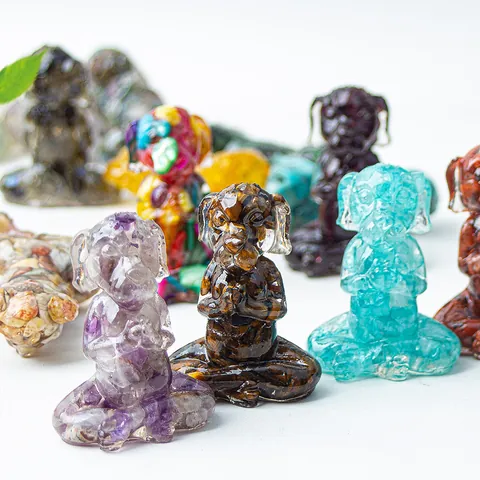 Meditating Dog Statue Resin Zen Yoga Pose Ornament With Natural Crystal Stone Healing Desktop Decoration Home Office Gift