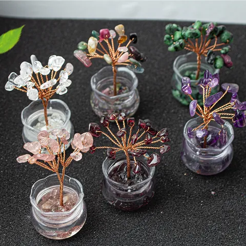 Handmade Miniature Crystal Money Tree Natural Gemstone Bonsai With Copper Wire And Glass Bottle For Office Home Desk Decor Good Luck Feng Shui Ornament