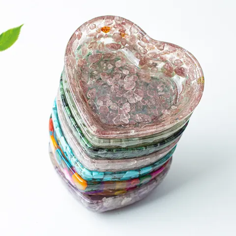 Plato de Resina con Forma de Corazón y Piedras de Cristal Naturales Para Joyas Cuenco de Limpieza Energía Decoración Regalo