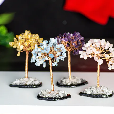 Natural Crystal Stone Money Tree Decor Hand Wrapped Copper Wire Life Of Tree Gemstone Bonsai Ornament For Wealth Luck Home Office Decoration