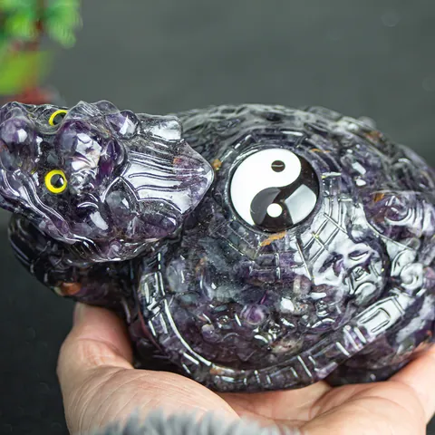 Natural Crystal Resin Dragon Turtle Statue Tai Chi Bagua Yin Yang Decoration Auspicious Mythical Creature Home Office Decor Feng Shui Ornament