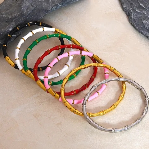 Stainless Steel Bamboo Joint Bangle Bracelet For Women 18K Gold Plated Enamel Bamboo Texture Stackable Fashion Jewelry