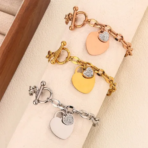 Heart Charm Bracelet Stainless Steel With Zircon Pendant Toggle Clasp Fashion Jewelry For Women