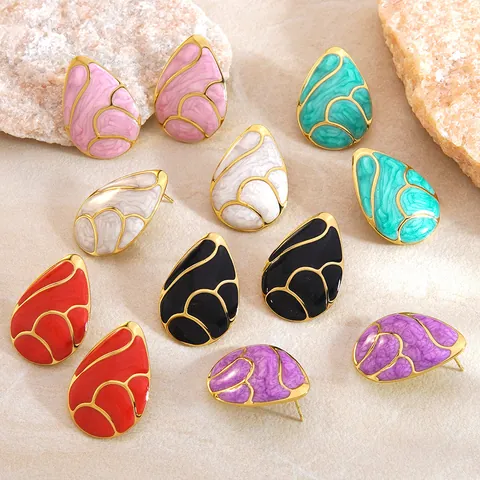 Vintage Stainless Steel Teardrop Stud Earrings Marble Pattern Enamel Gold Plated Geometric Water Drop Earrings For Women