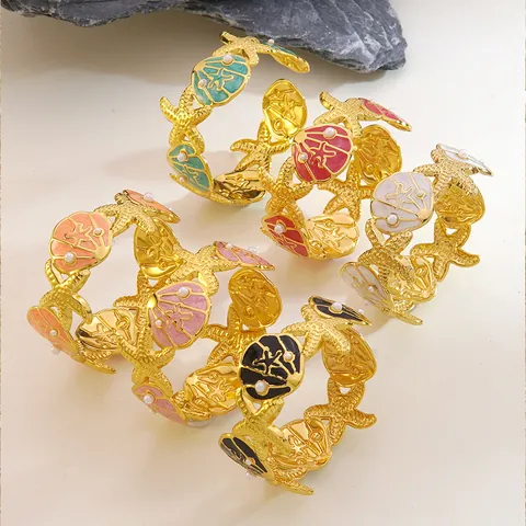 Marine Starfish Shell Enamel Bangle 304 Stainless Steel Gold Plated Artificial Pearl Open Cuff Bracelet Women Summer Beach Jewelry