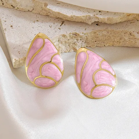 Vintage Stainless Steel Teardrop Stud Earrings Marble Pattern Enamel Gold Plated Geometric Water Drop Earrings For Women
