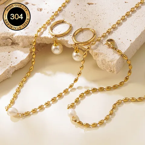 Minimalist 304 Stainless Steel Pearl Jewelry Set Gold Plated Beaded Necklace Bracelet And Drop Earrings For Women Daily Decor